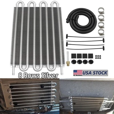 8 Row Universal Car Transmission Oil Cooler Radiator Converter Kit Black +Hose - Image 1 of 4