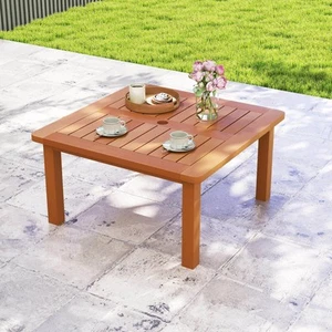Patio Coffee Table w/ Umbrella Hole Slatted Tabletop & Teak Oil Finish - Picture 1 of 8