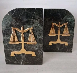 Scales of Justice Libra Sign Brass Green Marble Bookends Lawyer Heavy 6” Vintage - Picture 1 of 6