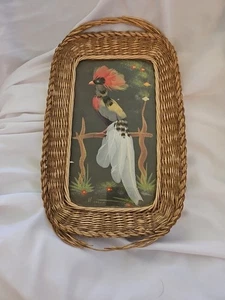 Vintage Vogelmalerei mit echten Federn Made in Mexico Korb Tablett Volkskunst - Bild 1 von 7