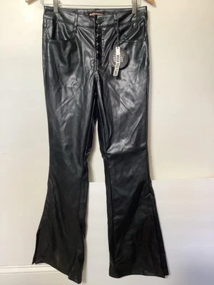 娃娃屋女式高腰闪光素食皮革纽扣裤子尺寸 29x33 全新带标签 — 第 1/4 张图片