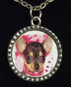 Dog Chihuahua Puppy in Pink Charm Tibetan Silver with 18" Necklace A50 BIN - Picture 1 of 2