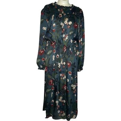 Zara Floral Smocked Shoulders Retro Waist Crinkle Midi Dress Women Size L Teal  - Image 1 of 4