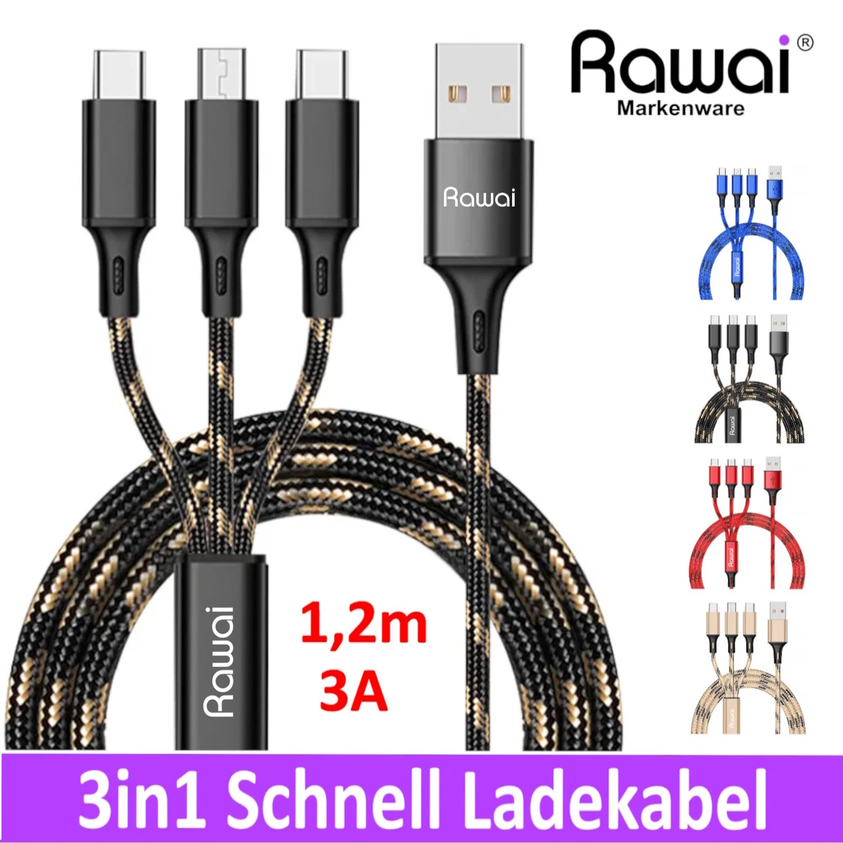 Multi USB Ladekabel 4-in-1 – 3A, 1,2 M, Nylon Geflochten, Für IPhone, Android & Mehr