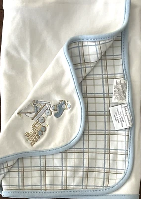 Manta de bebé de algodón a cuadros azul tostado First Impressions vagón avión tren Foto 1 de 4