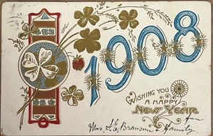Feliz Año Nuevo 1908 Trébol de la Suerte Estrellas Dorado Grabado Postal Antigua - Imagen 1 de 5