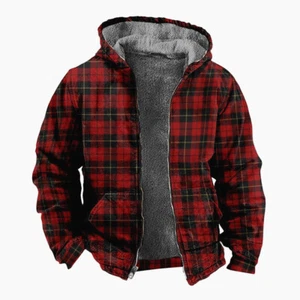 Men's Checked Fleece Lined Hoodie Sweater Hooded Winter Zip Jacket - Picture 1 of 18