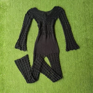 Handmade Black Crochet Bell-Sleeve Jumpsuit - Picture 1 of 2