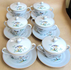 COPELAND SPODE NEW STONE SECHS QUEEN'S BIRD DECKEL SUPPENCOUPES & UNTERTASSEN (11848) - Bild 1 von 6