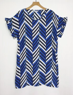MASAI BLUE BOLD CHEVRON STRIPE RELAXED STRAIGHT RUFFLE SLEEVE  DRESS SZ M 12/14 - Image 1 of 4