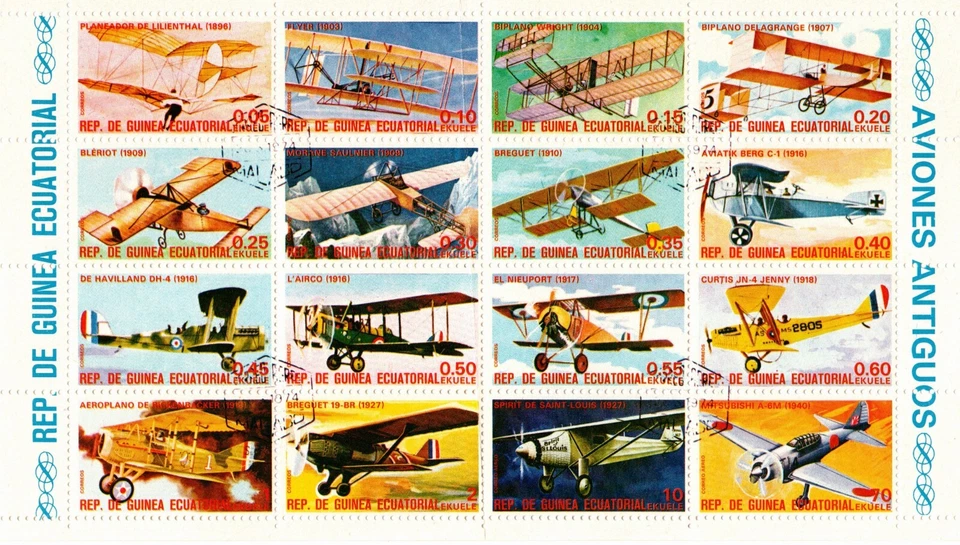 GUINEA ECUATORIAL 1974 AVIONES ANTIGUOS 16 SELLOS HOJA CTO Foto 1 de 4