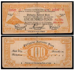 1942 Philippine Province of ILOILO PNB Currency 100 Pesos S322 1st Printing 23k - Picture 1 of 3