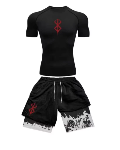 Berserk Anime Printed Men's Compression Set short Sleeve Gym Top Workout Shorts - Image 1 of 4