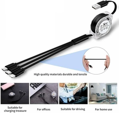 Cable de carga de teléfono retráctil 3 en 1 multi USB para iPhone y Android Reino Unido - Imagen 1 de 4