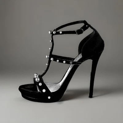 Alexander McQueen жемчуг на черный атласный с ремешками высоких каблуках нарядные сандалии 38,5 - Изображение 1 из 4