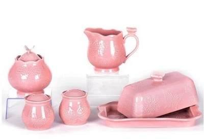 Plato de mantequilla Temp-tations, azúcar, crema, sal, coctelera de pimienta ROSA T49697 Foto 1 de 3