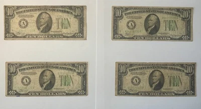 1934A $10 Dollar Bill Federal Reserve Note Circulated • Lot of 4 US Paper Money - Image 1 of 4
