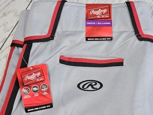 ! New Rawlings Semi Relaxed Fit Mens 2XL Grey Baseball Pants w Red & Black Strip - Picture 1 of 15