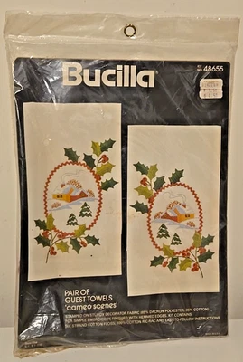 Bucilla Crewel Kit Christmas Guest Towels Stamped Embroidery 48655  Holly Ivory - Image 1 of 4