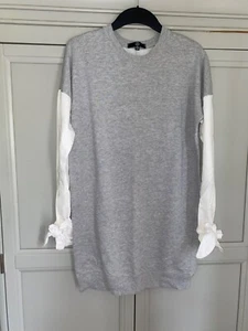 MISSGUIDED Grey Long Sweater Size 8 Relaxed Fit White Bow Sleeves Jumper Top - Picture 1 of 6