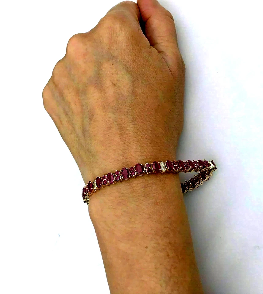 Women's 14K Yellow Gold Finish Oval & Round Cut Ruby & Diamond Bracelet Tennis - Image 1 of 1