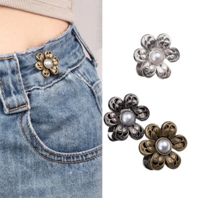 3Set Pearls Flower Waist Tightening Pin Jeans Pants Waist Buckle Button - Image 1 of 4
