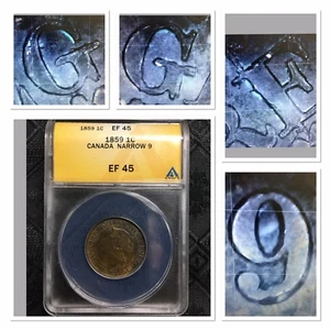 1859 Canada 1C  cent Narrow 9 ANACS XF45 varieties galore - Picture 1 of 10