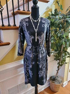 TIANA B. Women's Shift Dress Stretch Black White Paisley Size 8 Belted - Picture 1 of 8