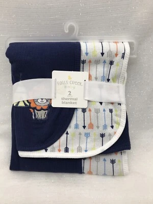 Falls Creek Safari Thermal Baby Blanket with Arrows and Lion Navy Blue White NEW - Image 1 of 4