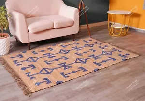 Natural Jute Handwoven Cotton Rug With Light Blue Design Rug Fringes Jute Rug - Picture 1 of 7