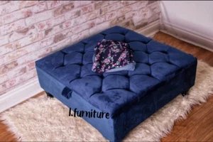 Handmade Square Storage Ottoman Footstool- Upholstered Coffee Table with Storage - Picture 1 of 5