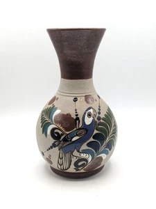 Jarrón Tonala Vintage Firmado Cerámica Mexicana Pájaro Loro Floral Tonos Tierra 9" - Imagen 1 de 5