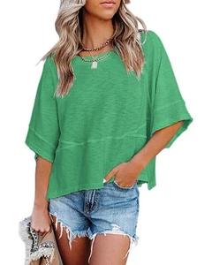 Women's Summer Casual Crewneck 3/4 Sleeve T-Shirts Solid Color Loose Fit Cute... - Picture 1 of 4