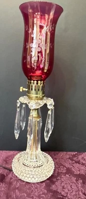 Antique Boudoir Chandelier Lamp Cranberry Etched Glass W/ new Wiring - Image 1 of 4