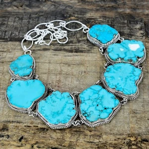 Tumbled Turquoise Gemstone Necklace 925 Sterling Silver Statement Jewelry Gifts - Picture 1 of 4