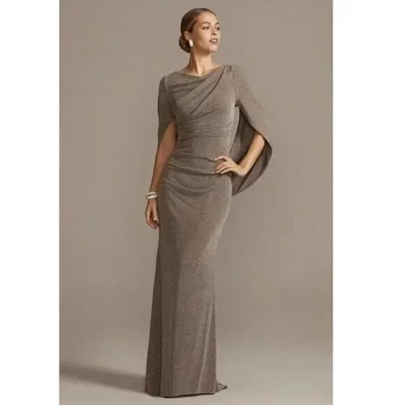 Betsy & Adam Metallic Cowl Neck Drape Back Gown NWT sz 12 Taupe/Silver - Image 1 of 4