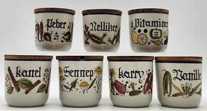 Knabstrup Pernille Series Spice Jars (7) 7cm Teak Lids MCM D. Hinde Denmark '60s - Picture 1 of 24