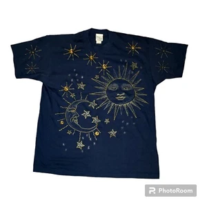 Vintage Damen Handbemalt T-Shirt Blau Gold Silber Himmlischer Mond Sonne - Bild 1 von 7