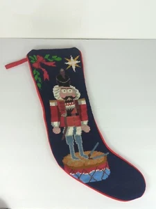 Vintage Needlepoint Christmas Stocking Nutcracker Toy Soldier red velvet 19" - Picture 1 of 12