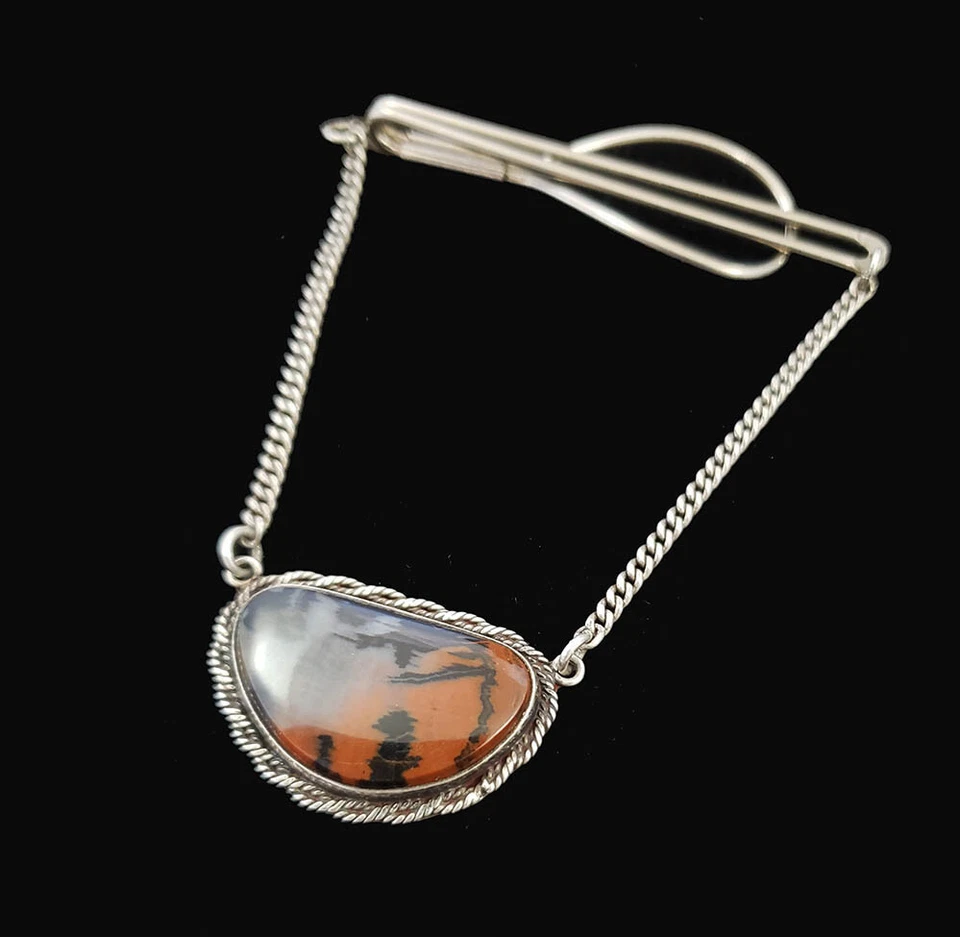 Clip de barra de corbata de madera petrificada navajo vintage de plata esterlina para hombre Foto 1 de 4