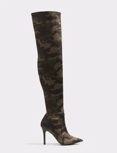 Sailors by ALDO, Green camo stretch satin, 4" stiletto heel OTK/thigh boots SZ 6 - Picture 1 of 4