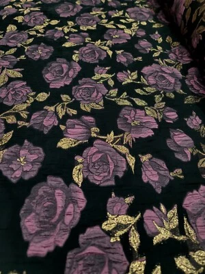 Mauve Floral Brocade Fo Dress Fabric Sold By The Yard Frech Sheer Black Organza  - Image 1 of 4