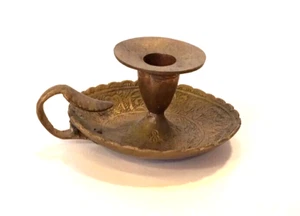 Beautiful Old Antique Brass Small Candlestick Decorated Engraved With Arabic Let - Picture 1 of 7