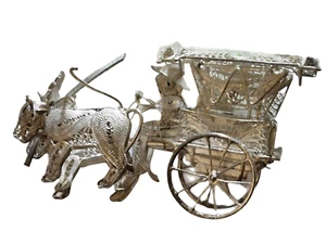 Sterling Silver Chinese Filigree Oxen Cart & Driver Antique Miniature Weigh 63 g - Picture 1 of 9