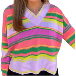 280 $ HERBST KASCHMIR gestreifter 100 % Kaschmir Pullover bunt Neon Strick Oberteil LARGE - Bild 1 von 12