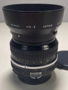 Nikon Nikkor 50mm 1:2 Ai lens, excellent one owner w/ filter, caps HS-2 hood - Picture 1 of 12