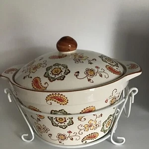Temp-Tations Paisley Cream, Orange Round Casserole w/ Lid Holder Plate 2.5 QT. - Picture 1 of 6