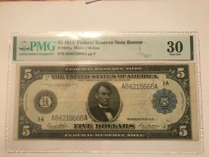 1914 federal reserve note $5 , Boston district, PMG 30 - Picture 1 of 2