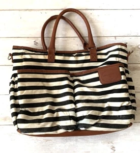 MommyDaddy & Me Black White Stripes Diaper Bag Purse Leather Handles - Picture 1 of 6