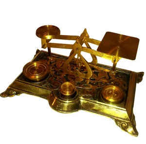 Brass Postal Letter Scale Art Base 4, 2, 1, 1/2OZ Wts - Picture 1 of 3